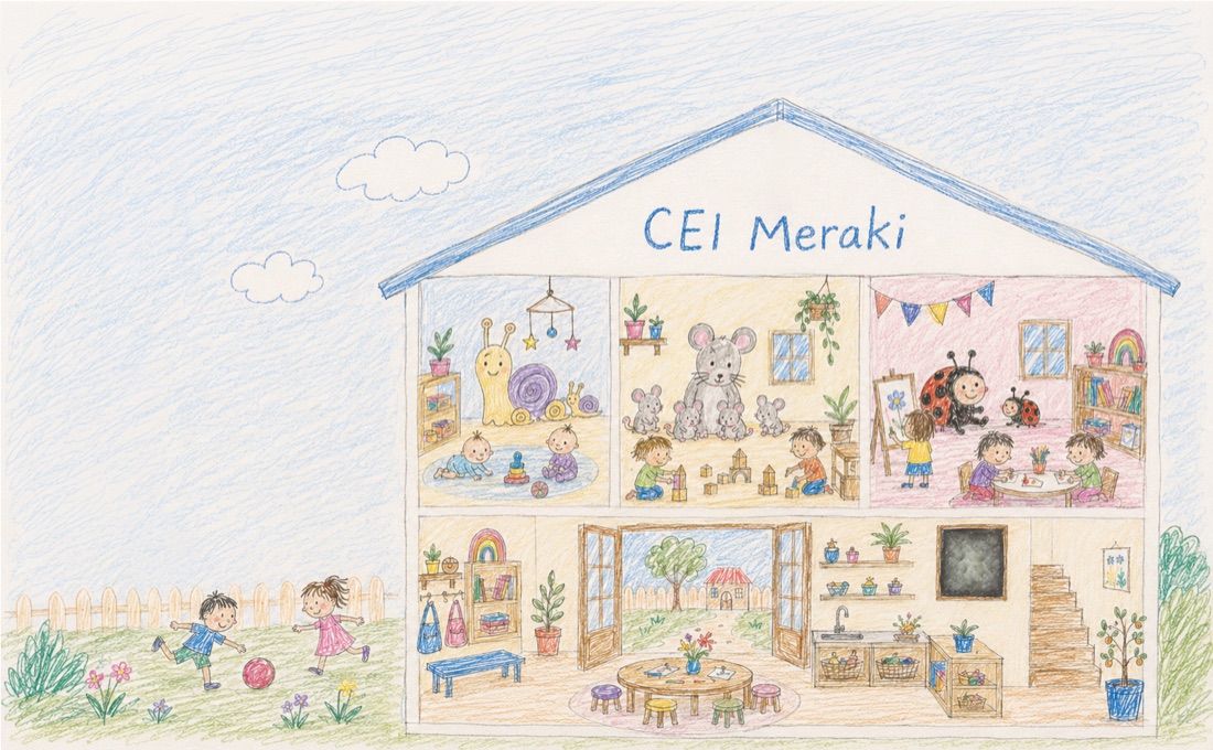 Ilustración de la escoleta Meraki abierta como una casa de muñecas: el aula de los Cargolins con el caracol, la de los Ratolins con la ratona y sus crías, la de los Poriols con la mariquita, y abajo la sala común y el jardín