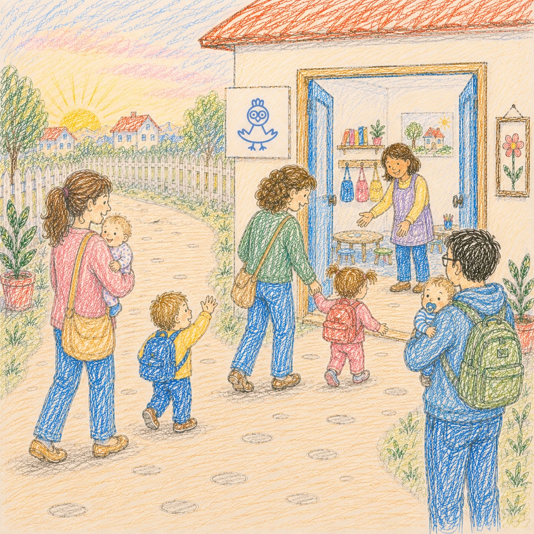 Al amanecer, varias familias llegan por el camino a la puerta abierta de la escoleta y una educadora las recibe desde dentro