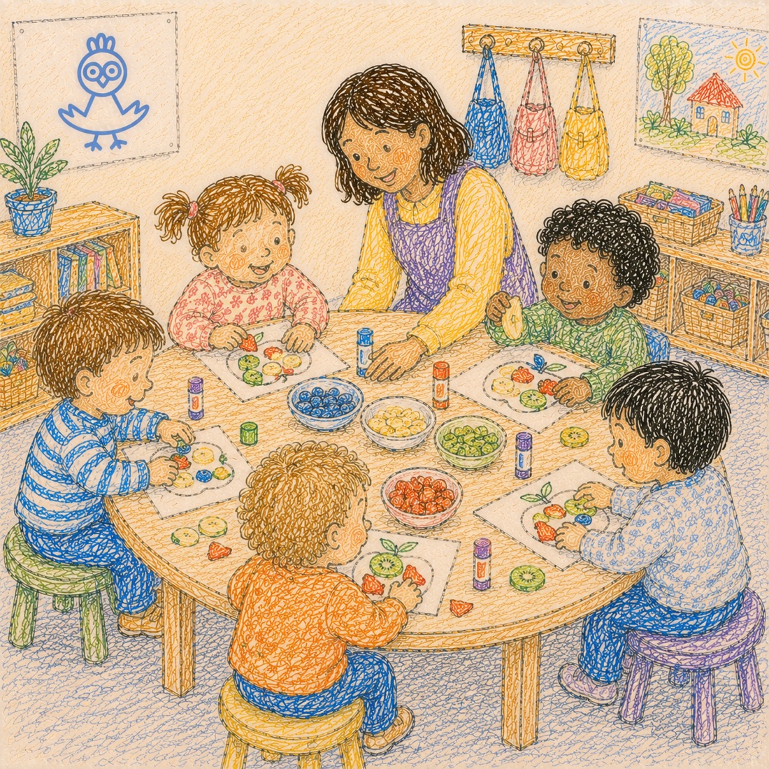 Cinco niños alrededor de una mesa redonda baja haciendo una propuesta de manipulación: cada uno compone su bandeja con piezas de fruta y semillas de los cuencos del centro, con la educadora acompañando