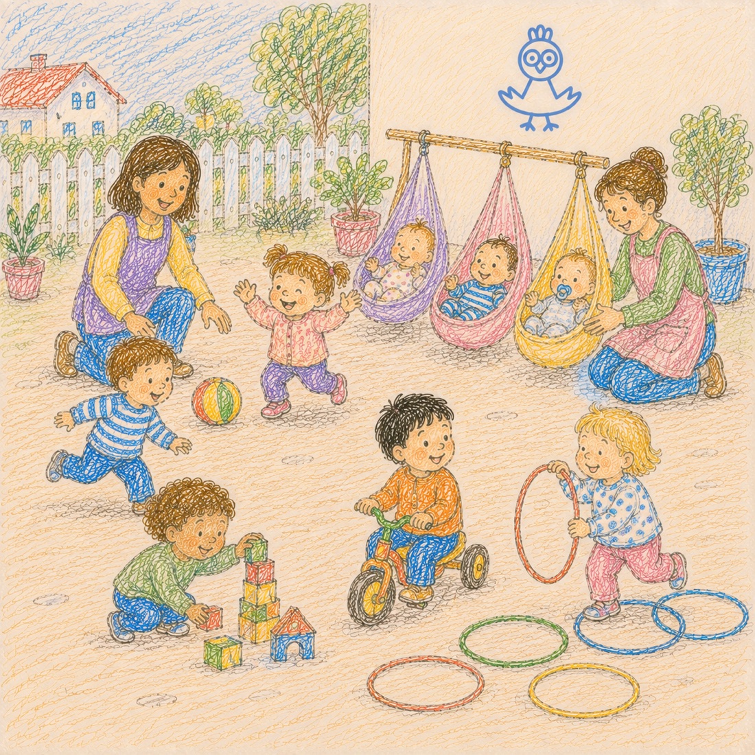 En el patio, unos niños juegan con la pelota, los aros y el triciclo mientras dos educadoras acompañan a los bebés, que descansan en hamacas colgadas